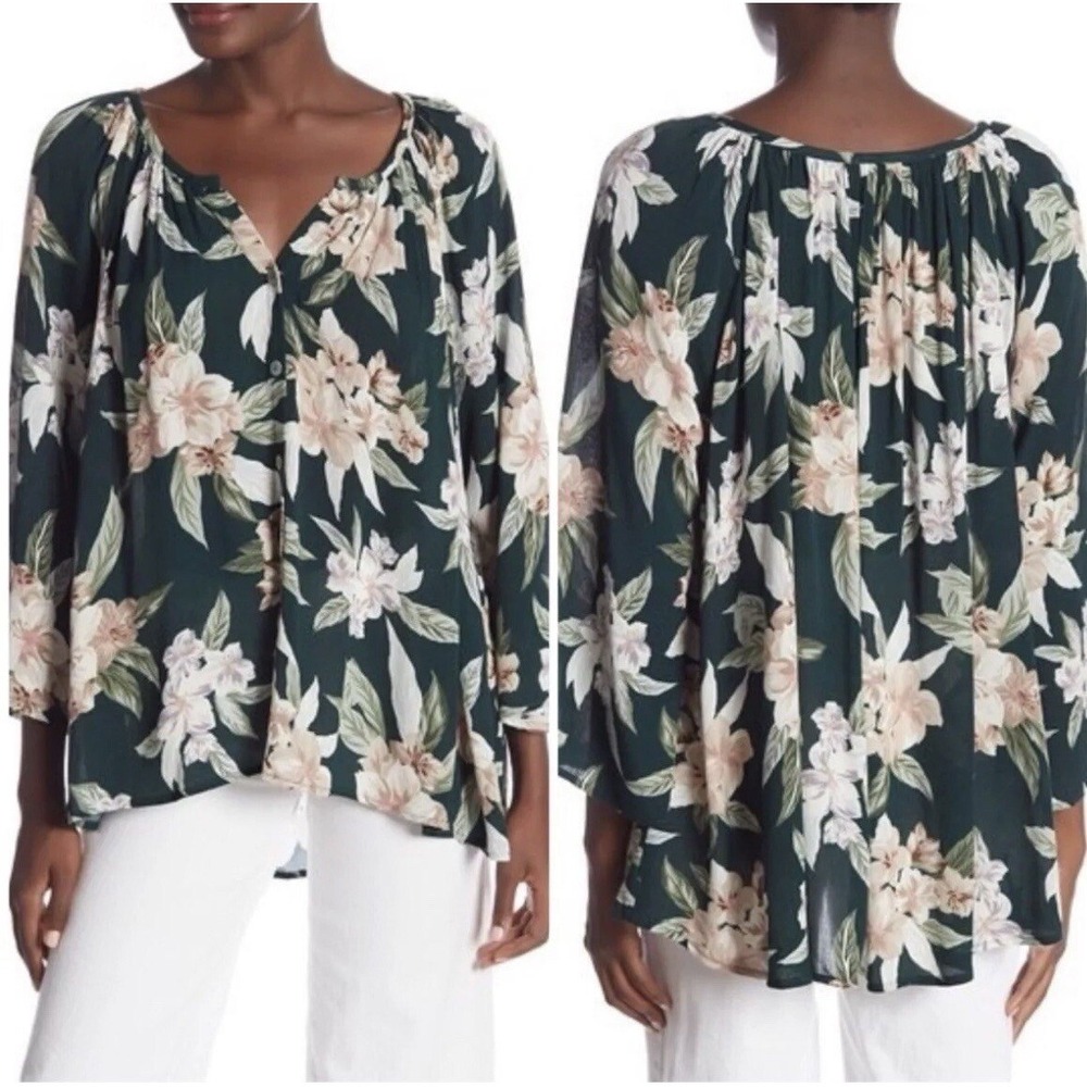 Show Me Your Mumu Forest Green Floral Rayon Button Down Blouse Medium